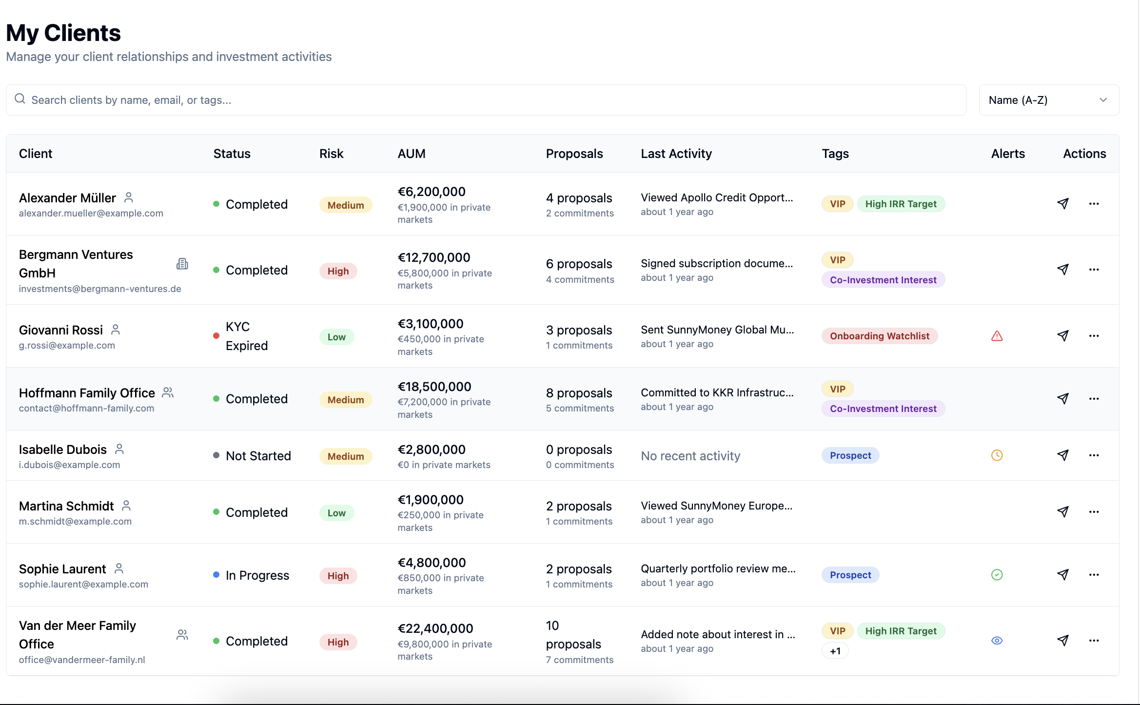 Client management interface showing relationship tracking, AUM, and investment activities