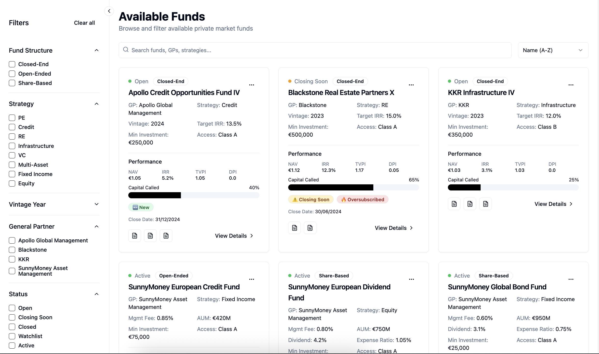 Marketplace showing available private market funds with filtering and performance data