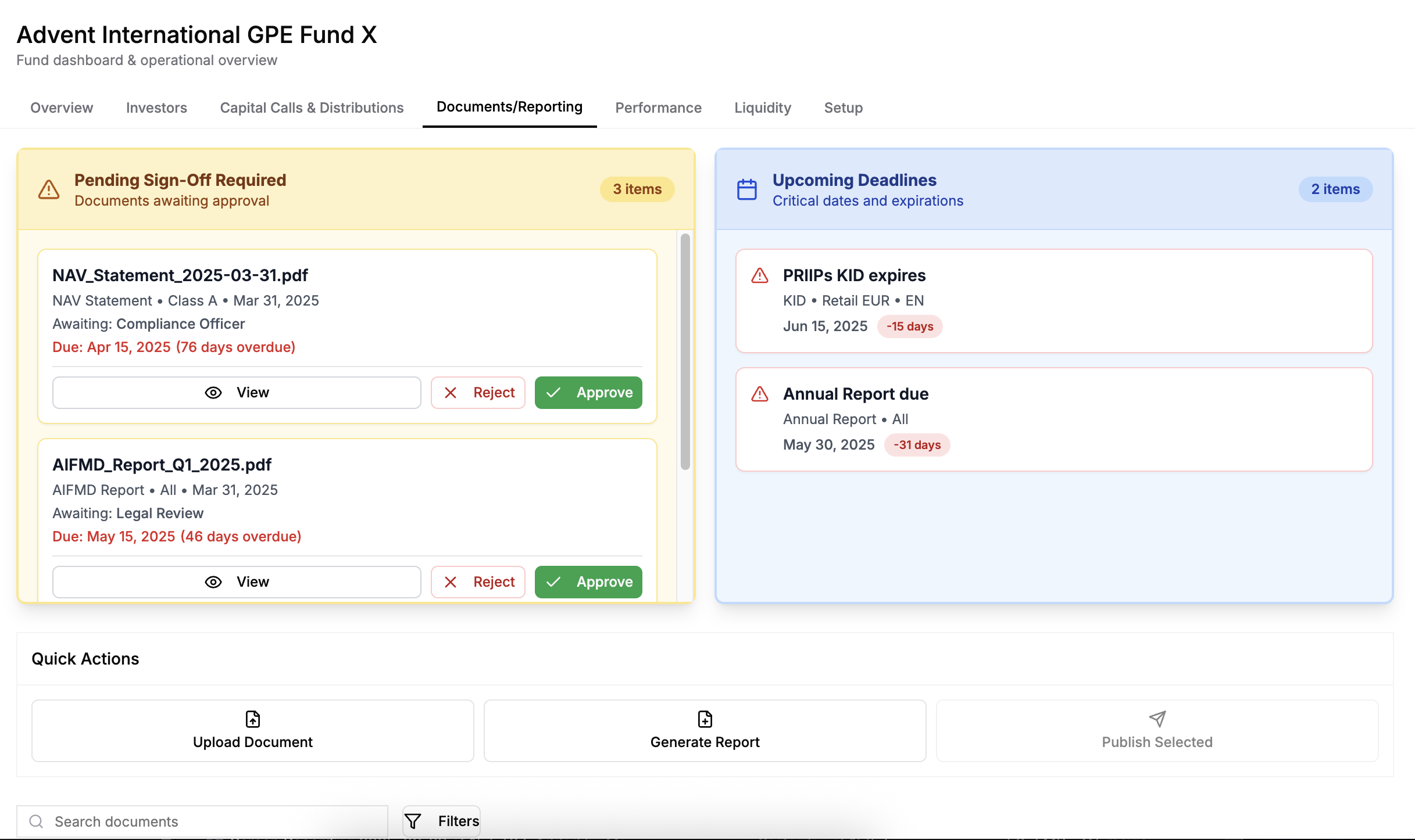 Reporting interface with document management, pending approvals, and automated report generation